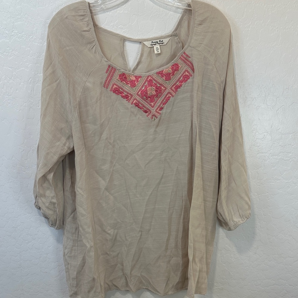 Beige top pink Embroidery plus size XXL gauzy neutral beige shirt boho women’s